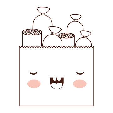kawaii paper bag with pieces of sausages in brown silhouette