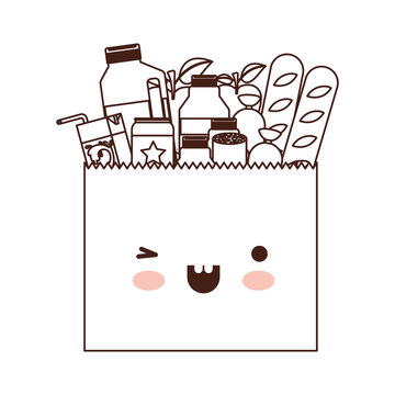 kawaii paper bag with market of food and drinks in brown silhouette