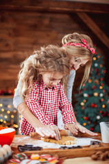 Merry Christmas and Happy Holidays. Family preparation holiday food. Mother and daughter cooking cookies in New Year interior with Christmas tree.