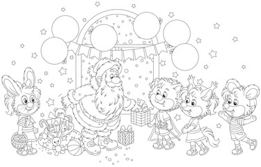 Santa Claus giving Christmas presents to little children in masquerade masks of funny animals