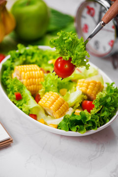 Healthy fitness meal with fresh salad. Diet concept.