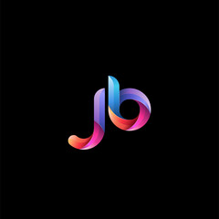 Initial lowercase letter jb, curve rounded logo, gradient vibrant colorful glossy colors on black background