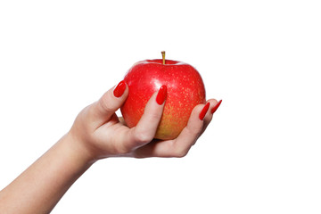 Woman hands with red nails holding apple isolated © sakkmesterke