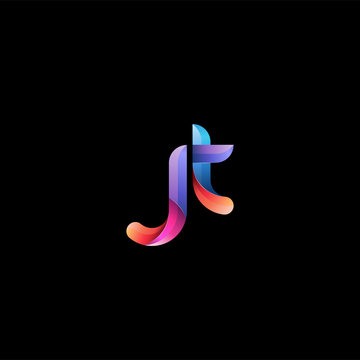 Initial lowercase letter jt, curve rounded logo, gradient vibrant colorful glossy colors on black background