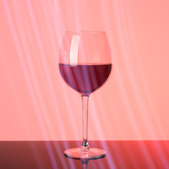 Glass of red wine on neon glow. Silhouette of glass on pink and claret background. 