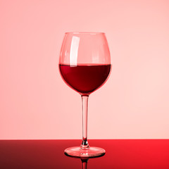 Glass of red wine on neon glow. Silhouette of glass on pink and claret background. 