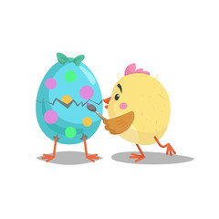 Cartoon cute chic paint with brush easter egg. Hatching e egg with green bow. Easter symbol. Vector flat designed illustration.