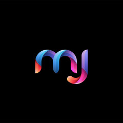 Initial lowercase letter mj, curve rounded logo, gradient vibrant colorful glossy colors on black background