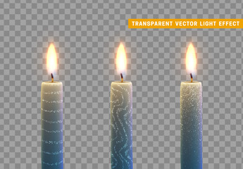 Candles burn with fire. Set of paraffin candles realistic isolated on transparent background. Element for design decor, vector illustration