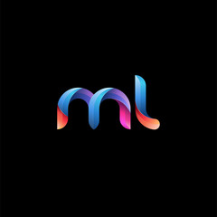 Initial lowercase letter ml, curve rounded logo, gradient vibrant colorful glossy colors on black background