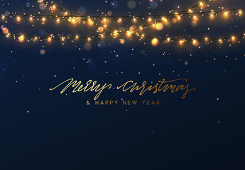 Christmas background with bright realistic garlands. Christmas glowing lights. Xmas Holiday. Greeting cards design