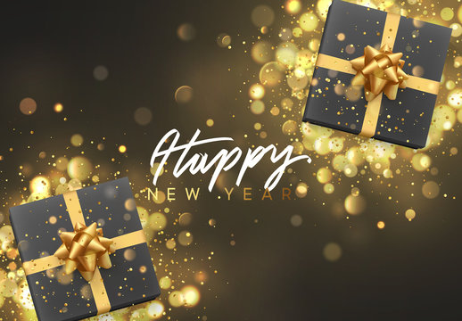 Happy New Year. Christmas background with gift box and golden lights bokeh. Xmas greeting card. Magic holiday poster, banner. Night bright gold light background