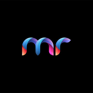 Initial lowercase letter mr, curve rounded logo, gradient vibrant colorful glossy colors on black background