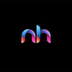 Initial lowercase letter nh, curve rounded logo, gradient vibrant colorful glossy colors on black background