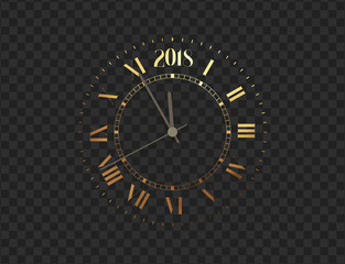 Fototapeta na wymiar 2018 New Year gold clock, five minutes to midnight. Merry Christmas. Watch isolated on transparent background