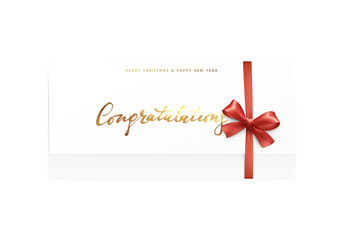 Paper card with the word congratulations, Merry Christmas and Happy New Year.