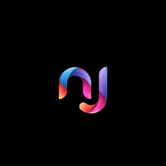 Fototapeta premium Initial lowercase letter nj, curve rounded logo, gradient vibrant colorful glossy colors on black background
