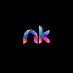 Initial lowercase letter nk, curve rounded logo, gradient vibrant colorful glossy colors on black background