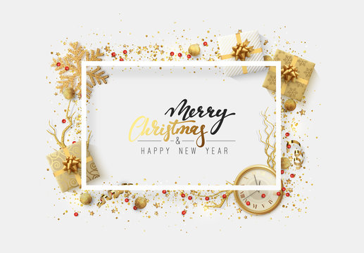 Christmas bright background with golden Xmas decorations. Merry christmas greeting card. Glitter gold composition. Happy New Year. Elegant Holiday Frame