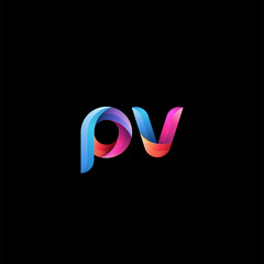Initial lowercase letter pv, curve rounded logo, gradient vibrant colorful glossy colors on black background