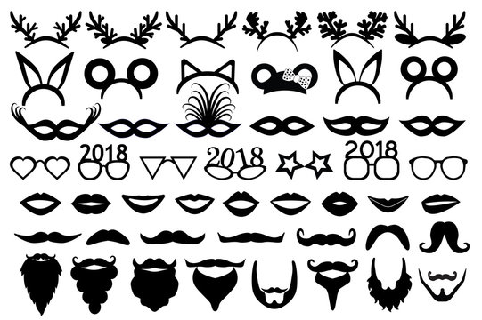 Christmas (new year) party set. Horns, ears, carnival masks, lips, glasses, moustache, beards.