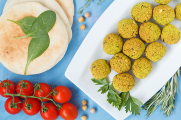 Fresh baked falafel with pita. Vegan dietary healthy food concept.