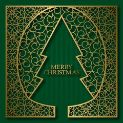 Merry Christmas greeting card cover background with golden ornamental frame in Christmas tree shape.