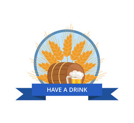 Wooden Barrel with Beverage and Mug of Beer Vector