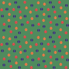 Blue, red, orange Christmas balls on a green background. Seamless vector pattern.