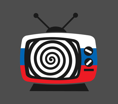Russia and russian TV, media, press and channel as hypnosis. Manipulation, disinformation, fake news and propaganda though television and broadcasting. Vector illustration.