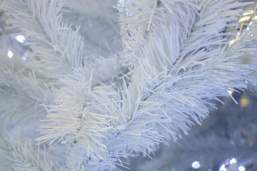 Winter backgrond for Christmas, New Year greeting cards. White Christmas tree with lights.
