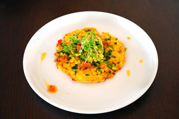 A chickpea flour vegan omelette with corn and avocado