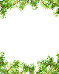Fototapeta na wymiar Pine tree branches frame. Christmas card. Watercolor