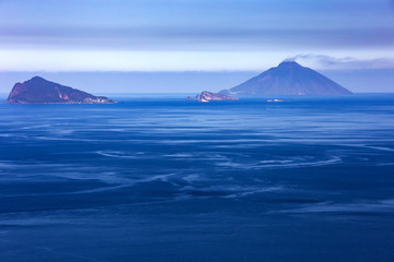 The vulcan Volcano crater, Aeolian Islands. In the background Mediterranean Sea and blue sky. Area...