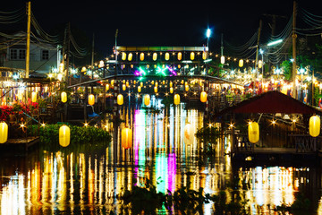 Ancient market Nakorn Nakhon Nueang Khet at Night on weekend, Chachoengsao, Thailand, Traveling in Thailand background concept