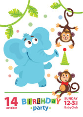 Greeting card design with cute elephant and monkey. Happy birthday invitation template with cartoon animals and funny letters. For baby birthday, party, invitation.