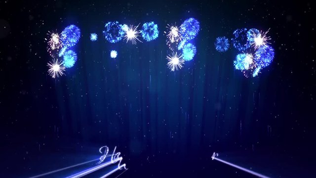Beautiful fireworks with laser show on winter night sky in eve New Year. Rich fireworks as holidays background for New Year or Christmas. 3d animation pyrotechnic light show with snow, light rays.8