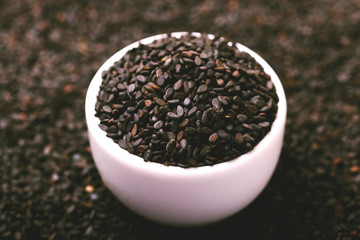 Black sesame seeds. Copy space. Horizontal view.