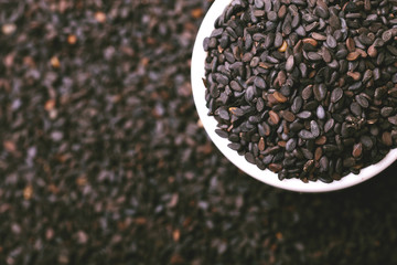 Black sesame seeds. Copy space. Top view.