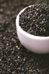 Black sesame seeds. Copy space. Horizontal view.