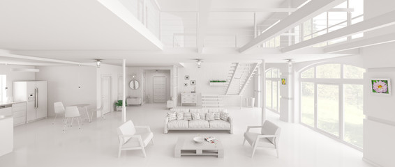 White loft interior panorama 3d rendering