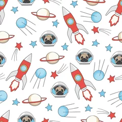 Tapeten Nahtloses Cartoon-Raummuster mit Raketen, Sternen und süßen Hundeastronauten. Vektorhintergrund für Kinder. © Afanasia