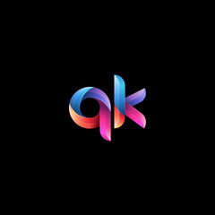 Initial lowercase letter qk, curve rounded logo, gradient vibrant colorful glossy colors on black background