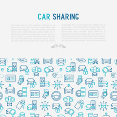 Car sharing concept with thin line icons of driver's license, key, blocked car, pointer, available, searching of car. Vector illustration for banner, web page, print media.