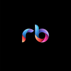 Initial lowercase letter rb, curve rounded logo, gradient vibrant colorful glossy colors on black background