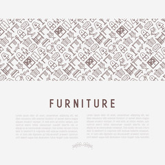 Furniture concept with thin line icons of coach, bookcase, bed,  dresser, chair, lamp, floor hanger. Modern vector illustration for banner, web page, print media.