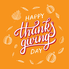 Vector thanksgiving day greeting lettering phrase. Happy thanksgiving with round frame of autumn leaves, pumpkin on orange blackboard.