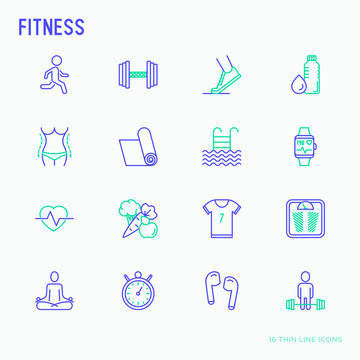 Fitness thin line icons set of running, dumbbell, waist, healthy food, swimming pool, pulse, wireless earphones, sportswear, yoga. Modern vector illustration.