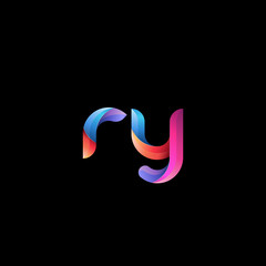 Initial lowercase letter ry, curve rounded logo, gradient vibrant colorful glossy colors on black background - obrazy, fototapety, plakaty