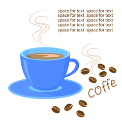 Banner, postcard, poster with a cup of hot aromatic coffee, coffee grains and space for text
